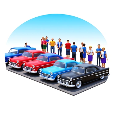 A row of vintage American cars in various colors, including red, blue, and black, parked neatly in a designated area. Each car displays distinct features such as chrome bumpers, classic tail fins, and shiny hubcaps. Groups of people, including men and women of different ages, stand beside the cars, admiring their details and taking photos. Some individuals are leaning against the cars, while others are discussing the vehicles enthusiastically. The surrounding area shows a clear blue sky overhead with sunlight illuminating the scene.