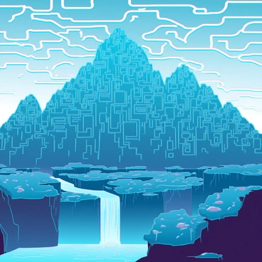 A vast mountain range composed entirely of giant microchips and motherboard elements. Towering peaks are formed from intricately layered circuit boards, with metallic traces glimmering in the light. The slopes are adorned with oversized capacitors and resistors, resembling large boulders scattered throughout the landscape. In the foreground, a river of flowing liquid silicon winds its way through the valleys, reflecting the shimmering surfaces of the microchip formations. Above, a sky filled with digital clouds has swirling patterns resembling binary code.
