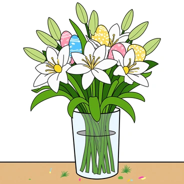 A vibrant bouquet of white lilies with long green stems and lush green leaves. Among the lilies, there are colorful Easter eggs in various sizes peeking through the petals. The eggs are painted in bright colors like blue, pink, yellow, and green, each decorated with playful patterns such as polka dots and stripes. The bouquet is arranged in a simple clear glass vase that sits on a light wooden table. Small bits of grass and colorful confetti are scattered around the base of the vase for added detail.