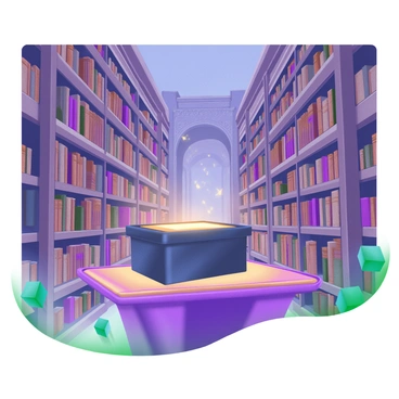 A black box glowing softly on a shelf in a vast, ancient library