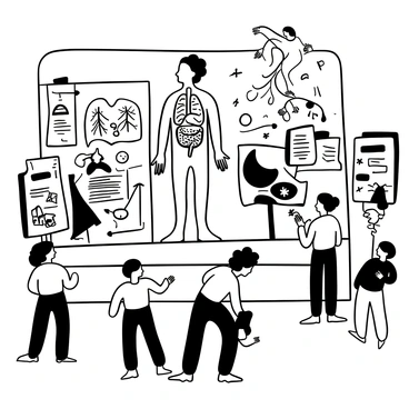 A large black-and-white illustration of an educational exhibit featuring detailed depictions of various human organ systems. The exhibit includes a life-sized model of the human body, showing the circulatory, respiratory, digestive, and nervous systems. Each organ system is highlighted with interactive labels that provide information about their functions. The labels are designed as rectangular panels placed next to each corresponding organ, with arrows pointing to the organs for clarity. There are multiple visitors interacting with the labels, observing the exhibit with curiosity. The background is filled with educational posters showcasing additional anatomical information.