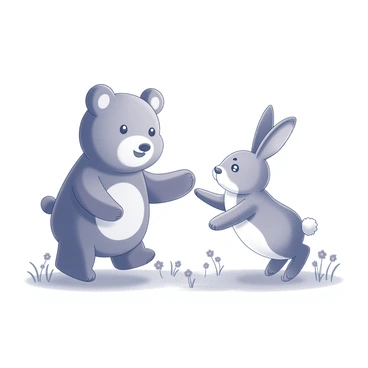 A thumb-shaped bear and a thumb-shaped rabbit are engaged in playful interaction. The thumb bear is slightly larger, with rounded ears and a small smile, while the thumb rabbit has long ears and is hopping excitedly nearby. They are in a grassy area, surrounded by small flowers, with the bear playfully reaching out a paw to the rabbit. The rabbit appears to be playfully dodging the bear's paw, capturing a moment of joyful playfulness. The overall scene conveys a sense of fun and friendship between the two whimsical creatures.