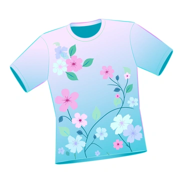 A close-up view of a soft fabric t-shirt adorned with a delicate pattern of various blooming flowers and leaves. The flowers are rendered in soft pastels, including shades of pink, lavender, and cream, while the leaves exhibit a range of greens, from mint to deep emerald. The fabric has a slight sheen to it, enhancing the intricate details of the floral design. The t-shirt is displayed flat against a neutral background, allowing the vibrant colors of the flowers and the gentle curves of the leaves to stand out.