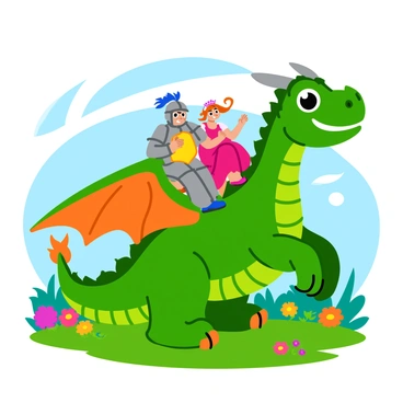 A friendly dragon with bright green scales and large, gentle eyes stands in a sunlit clearing. Its wings are spread wide, displaying vibrant patterns, and it has a warm smile on its face. A brave knight in shining armor is perched on the dragon’s back, holding onto its neck with an excited expression. Next to him, a princess wearing a flowing pink dress and a sparkling tiara sits comfortably, her hair blowing in the wind. The scene is filled with colorful flowers and trees in the background, creating a lively and enchanting atmosphere.