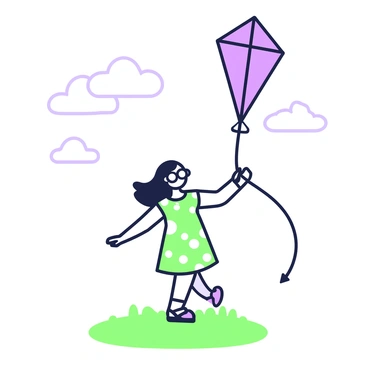 A cartoon girl with round glasses is flying a kite on a windy day. She has long, flowing hair and is wearing a bright dress adorned with patterns. The kite is large and features a distinct shape, soaring high above her head. The girl is standing on a grassy field, her arms extended as she holds onto the kite string. The wind is visibly pushing the kite upward, causing her dress to flutter. In the background, there are a few fluffy clouds drifting across the sky.