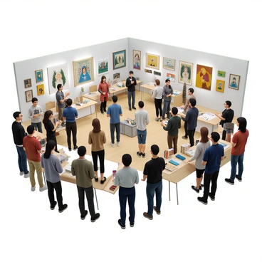An open studio event taking place in a spacious art studio filled with various artworks displayed on the walls and easels. The artworks feature a range of styles, including paintings, sculptures, and mixed media pieces. Several students with diverse appearances and clothing are engaged in conversations with visitors, sharing their creative processes and inspirations. Some students are demonstrating techniques, while others are guiding visitors through the exhibits. The atmosphere is lively, with a mix of curiosity and excitement as the exchange of ideas unfolds.