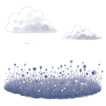 A peaceful field with wildflowers under a sky full of drifting clouds