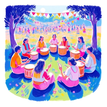 A group of participants is seated in a circle on a grassy field during a festival. They are playing various percussion instruments, including drums, tambourines, and shakers. Each person has a unique style of clothing, showcasing vibrant colors and patterns. Some participants are swaying to the rhythm while others are focused on their instruments. In the background, colorful flags are fluttering in the breeze, and the scene is filled with an atmosphere of joy and connection. Sunlight filters through the trees surrounding the area.