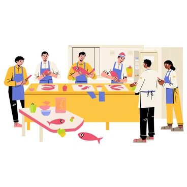 A bright kitchen with wooden countertops and stainless steel appliances is filled with participants. Each person is focused on filleting a "red snapper," carefully holding the fish while using a sharp knife. There are cutting boards in front of each participant, along with bowls for scraps. The instructor stands nearby, demonstrating the technique with another "red snapper." Various colorful vegetables such as "bell peppers" and "carrots" are placed on the counter, adding to the vibrant atmosphere of the cooking class. The participants are wearing aprons, and some are taking notes while watching the instructor.