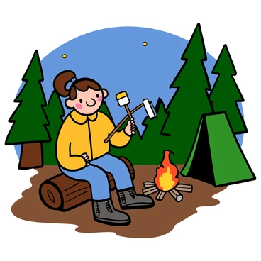 Tracy Beaker, a girl with light skin and long brown hair, is sitting on a log by a campfire at night. She has a playful expression on her face, looking excited as she holds a stick with a marshmallow over the flames. The campfire emits a warm glow, illuminating her features and casting dancing shadows around her. In the background, there are tall trees and a starry sky, adding to the camping atmosphere. Tracy is wearing a yellow jacket, blue jeans, and sturdy boots. There is a small tent nearby, suggesting they are on a camping trip.