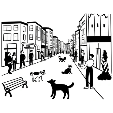 A bustling city street filled with numerous buildings, with people standing on sidewalks and leaning against lampposts. Several wild animals, including a deer, a raccoon, and a fox, are casually roaming among the pedestrians. Some individuals are pointing, while others are taking photographs. Trees line the street, and a park bench sits nearby, adding to the urban environment. The scene captures the interaction between city life and nature, with a sense of curiosity among the observers.