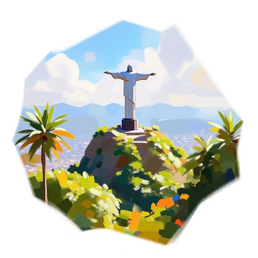 A panoramic view of "Christ the Redeemer" statue, towering majestically atop the Corcovado Mountain. The statue is depicted with outstretched arms, symbolizing peace and welcome. Surrounding the statue is a dense expanse of lush green forest, with various shades of green leaves creating a vibrant backdrop. In the foreground, a few tropical trees and plants are visible, framing the scene and adding depth. The sky above is clear with a few scattered clouds, allowing sunlight to illuminate the statue and the surrounding foliage.