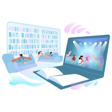 A tranquil library filled with tall shelves of books, featuring large windows allowing soft light to filter in. Comfortable seating areas are arranged throughout, with a few readers immersed in their books. Next to it, a bustling concert venue is visible, with a large stage adorned with colorful lights. The venue is filled with people enjoying the music, some dancing while others are clapping to the rhythm. Vibrant sound waves are illustrated emanating from the concert venue, contrasting with the quiet atmosphere of the library.