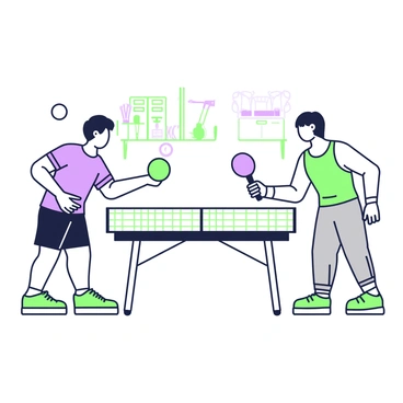 Two friends are playing table tennis in a garage, surrounded by various sporting equipment. One friend is serving the ball, wearing a blue t-shirt and black shorts, while the other is poised to return the serve, dressed in a green tank top and gray sweatpants. The table tennis net is stretched tightly across a standard-size table, and the ball is mid-air, captured in a moment of excitement. In the background, shelves hold various tools and boxes, adding to the casual atmosphere of the garage. Both friends are smiling, conveying a sense of joy and camaraderie as they enjoy their game together.