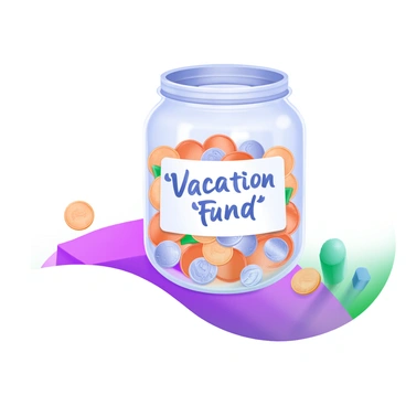 A clear glass jar filled with various coins, including pennies, nickels, dimes, and quarters, all sparkling under light. The jar has a simple, white label on its front that reads "'Vacation Fund'" in a playful, handwritten font. The jar is placed on a wooden table, with a few scattered coins around it, emphasizing the theme of saving for a trip.