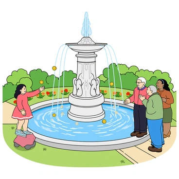A large, elegant fountain made of white marble, featuring intricate carvings and water flowing gracefully from sculpted spouts. The fountain is surrounded by vibrant green grass and colorful flower beds. Several people of diverse backgrounds gather around the fountain, with expressions of hope and excitement on their faces. One person, a young girl in a pink dress, joyfully tosses a shiny coin into the water, creating ripples. Nearby, an elderly couple stands hand in hand, sharing their wishes as they watch the coins splash into the fountain. The sunlight casts playful reflections on the water's surface, enhancing the lively atmosphere of the park.
