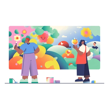 Two illustrators are standing side by side in front of a large mural. One illustrator, with short brown hair and wearing a blue shirt, is holding a paintbrush and adding details to a section featuring bright flowers. The second illustrator, with long black hair tied back and wearing a red apron, is mixing paint on a palette and preparing to add a blue sky backdrop. The mural itself is filled with bold colors, showing a variety of designs including animals, trees, and geometric shapes, all blending harmoniously together. The ground is covered in paint splatters, and several paint cans in various colors are scattered around them.