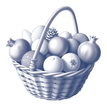 A basket with winter fruits like pomegranates and citrus fruits decorated with pinecones