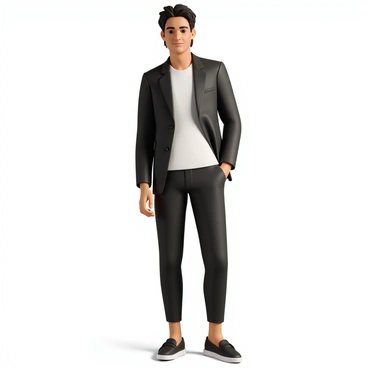 A male model, Diljit Dosanjh, is standing confidently in a high-fashion photoshoot. He is wearing a chic, modern outfit that includes a tailored black blazer with sharp lapels and a crisp white shirt underneath. He pairs this with fitted black trousers and stylish loafers. His hair is neatly styled, and he has a slight smirk on his face, projecting charisma. The background is sleek, emphasizing the high-fashion theme, while soft lighting highlights his outfit's details and contours. A subtle hint of urban elements is present, enhancing the fashion-forward aesthetic of the shoot.