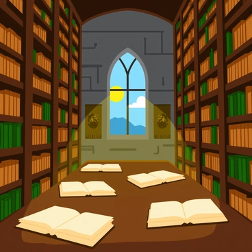 An ancient library filled with towering wooden bookshelves that stretch up to a high, intricately decorated ceiling. The shelves are packed with old, leather-bound books in varying shades of browns and greens. "Floating fireflies" hover around the room, casting a warm, golden glow on the pages of open books scattered across wooden tables. The stone walls are adorned with faded tapestries depicting mythical scenes. A large, ornate window allows moonlight to filter in, enhancing the ethereal atmosphere created by the shimmering fireflies.