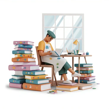 An artist, wearing a paint-splattered apron and a beret, sits on a comfortable chair with a sketchbook in hand, surrounded by an array of colorful books stacked around them. The room is filled with natural light streaming through a large window, casting soft shadows on the wooden floor. Each book has a unique cover design, displaying vibrant illustrations and intriguing titles. The artist gazes thoughtfully at an open book on their lap, with a paintbrush resting beside it. On a nearby table, there are tubes of paint and a palette, indicating the artist’s creative workspace.