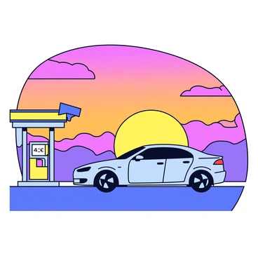 An electric car in a sleek design moves quietly along the road. The gas station is visible to the side, featuring traditional fuel pumps and a brightly lit sign. In the background, a dramatic sunset paints the sky with vibrant hues of orange, pink, and purple. The car is partially silhouetted against the colorful sky, highlighting its modern contours.