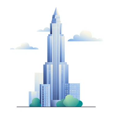 A tall art deco skyscraper rises into the sky with a sleek, metallic finish that reflects sunlight. The building's facade is adorned with intricate geometric patterns, featuring sharp angles and symmetrical designs. The structure has multiple tiers, showcasing a series of stepped terraces that lead to a grand, pointed top. Surrounding the skyscraper are smaller buildings, providing contrast to its height and elegance. The sky above is a clear blue, with a few fluffy white clouds drifting by, enhancing the grandeur of the scene.