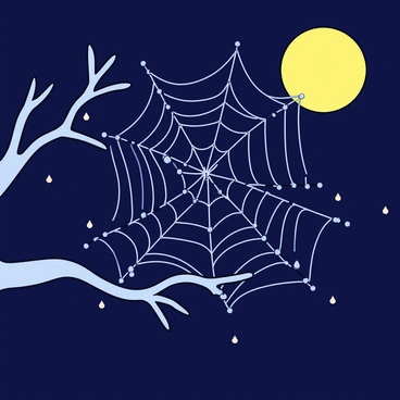 A silver spider web is intricately woven between two branches. The web glistens under the moonlight, reflecting soft silvery hues. Numerous dew drops are delicately scattered across the web, catching the light and creating a sparkling effect. The background features a darkened night sky with a glowing full moon casting a subtle light on the scene.