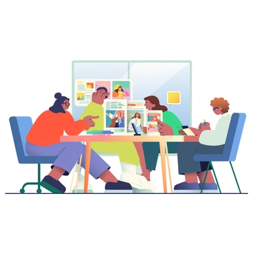 A team of four editors is gathered around a large wooden table, reviewing magazine layouts. Two editors are leaning over the table, pointing at a magazine spread that features colorful illustrations. One editor has short black hair and is wearing glasses, while the other has long brown hair tied in a bun and is wearing a red blouse. The third editor, seated in a blue chair, is flipping through a different magazine, showcasing vibrant fashion illustrations. The fourth editor, with curly hair, is taking notes on a notepad. The table is scattered with various magazines, colorful sticky notes, and pens. A large window in the background allows natural light to illuminate the scene.