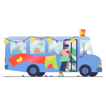 A blue bus is parked prominently, adorned with colorful festival banners and twinkling lights. The bus features large windows reflecting the vibrant surroundings. The banners display various festive designs in shades of red, yellow, and green. Strands of lights are strung along the edges of the bus, illuminating the scene with a warm glow. The ground is lined with cheerful decorations, and there are hints of people in the background, dressed in celebratory attire, ready to board the bus and join the festivities.