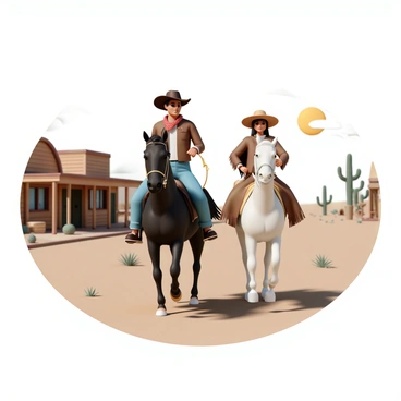 A male superhero, wearing a brown cowboy hat, a red bandana around his neck, a leather vest, and blue denim trousers, rides a black horse, holding a lasso in one hand. Beside him is a female superhero, donning a wide-brimmed tan hat, a fringed brown leather jacket, and a long skirt with a slit, riding a white horse. The duo is galloping through a dusty desert town, with wooden saloons and tumbleweeds scattered along the sandy streets. The bright sun casts long shadows, and a few cacti can be seen in the background.