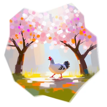 A lively spring scene features a vibrant guinea fowl with distinct spotted feathers, wandering through a grassy area. Surrounding the guinea fowl are several blooming cherry blossom trees, adorned with clusters of delicate pink flowers. The trees are in full bloom, their branches creating a soft canopy overhead. Sunlight filters through the blossoms, casting dappled shadows on the ground. A light breeze rustles the petals, adding a dynamic element to the serene environment.