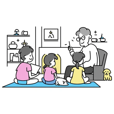 An elderly man with gray hair and glasses sits in a plush armchair, wearing a knitted sweater. He is animatedly telling a story to two children who are sitting cross-legged on a soft rug in front of him. The young boy has messy brown hair and is wearing a red t-shirt, while the girl, with braided hair, is dressed in a yellow dress. A flickering flame in the fireplace casts a warm glow around the room filled with wooden shelves and family photos. A fluffy golden retriever is curled up beside the children, enjoying the warmth from the fire.