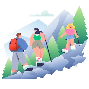 A group of three hikers is making their way up a rocky mountain trail near Grenoble. The first hiker, a man with short brown hair, is wearing a blue jacket and gray pants, carrying a red backpack. The second hiker, a woman with long black hair in a ponytail, is dressed in a green tank top and khaki shorts, holding a walking stick. The third hiker, a young girl with curly blonde hair, is wearing a pink t-shirt and denim shorts, looking excited as she climbs. In the background, there are lush green trees and steep rocky cliffs, with a clear blue sky above. Each hiker is focused on their ascent, showcasing determination and enjoyment of the mountain adventure.
