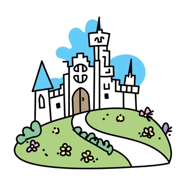 A grand fairy tale castle on a hill surrounded by lush gardens