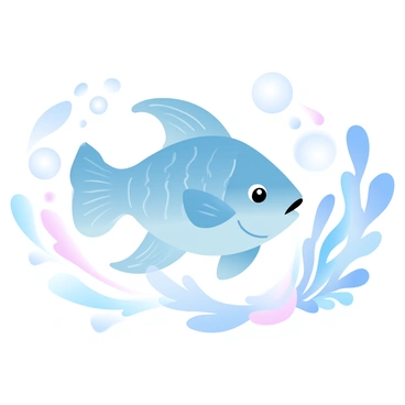 A fish is gracefully swimming through the water, showcasing elegant curving lines along its body. The fish features intricate patterns in its scales, reflecting various shades of color. Surrounding the fish are flowing aquatic plants that sway gently with the movement of the water. Bubbles rise around the fish, adding a sense of motion to the scene. A soft light filters down, creating a tranquil underwater atmosphere.