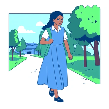 A traditional Indian girl wearing a blue school uniform is walking to school. She has long black hair neatly braided and is wearing a white shirt underneath a blue vest. The girl carries a teal backpack slung over one shoulder. She is walking along a pathway lined with green trees, with sunlight filtering through the leaves. A small school building can be seen in the background, adding context to her journey.
