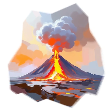 A volcano is actively erupting, with bright orange lava flowing down its slopes. The eruption is accompanied by thick, dark gray ash that is being forcefully expelled into the sky, creating an expansive cloud billowing above the crater. Surrounding the volcano, the terrain features rocky surfaces and sparse vegetation, indicating the harsh environment. In the background, the sky is a dramatic mix of orange and gray tones, reflecting the intensity of the eruption.