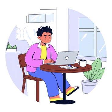 A freelancer working on a laptop at a quaint cafe table