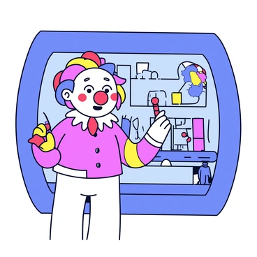 A clown with a colorful wig and a painted face stands in front of a mirror. The clown has red, blue, and yellow colors on their cheeks. Their eyes are wide, reflecting a sense of nervousness. In one hand, they hold a tube of makeup, while in the other hand, they gently adjust their bright red nose. The backdrop features a dimly lit backstage area with a few scattered props and costumes. The mirror reflects the clown's expression, capturing the moment before the performance.