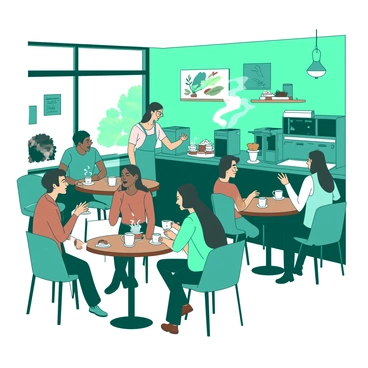 A teal coffee shop is filled with people seated at wooden tables, engaged in lively conversations. There are steaming white mugs placed on each table, with some individuals holding them while animatedly discussing with friends. Behind the counter, a barista in a teal apron is preparing drinks, with various coffee machines and pastries on display. The walls are adorned with colorful artwork, and soft light is filtering through large windows, illuminating the scene.