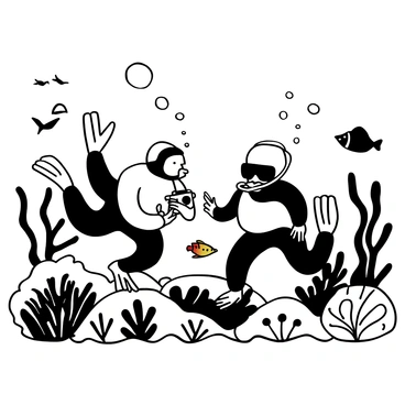 A frog and a toad wearing scuba gear are underwater, surrounded by diverse aquatic plants and colorful coral formations. The frog is holding a small underwater camera, while the toad is examining a vibrant shell on the ocean floor. Bubbles are rising from their breathing apparatus, creating a dynamic scene filled with movement. Various fish swim nearby, adding to the lively underwater environment. The scene captures the adventurous spirit of exploration in a detailed composition.