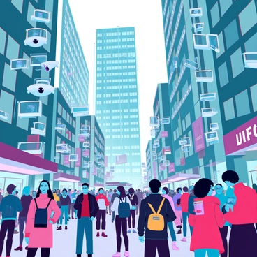A bustling city street filled with a crowd of diverse people going about their day. Skyscrapers tower above, their glass facades reflecting the sunlight. Multiple surveillance cameras are mounted on poles and building corners, pointed towards the crowd. Each camera has a digital display highlighting the faces of passersby in vivid detail. The street is lined with shops and cafes, and the ground is bustling with pedestrians, some stopping to look at their phones. Traffic is flowing smoothly in the background, with cars and buses visible on the road.