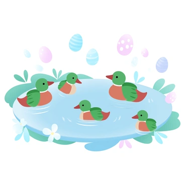 A group of ducks waddling around a pond. The ducks have vibrant feathers with shades of green and brown. They are gently moving through the water, creating ripples around them. Scattered across the surface of the pond are several brightly colored Easter eggs, floating lightly. The eggs have various patterns, including stripes and polka dots, in pastel colors. The surrounding area features lush green grass and delicate flowers blooming near the water's edge.