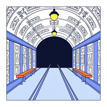 An old subway station with ornate architecture featuring intricate tile work and vintage iron railings. The walls are adorned with detailed murals depicting the history of the city. Vintage light fixtures hang from the high ceilings, casting a warm glow over the platform. There are benches made of polished wood along the walls. The tracks are visible, leading into a dark tunnel that stretches away into the distance.