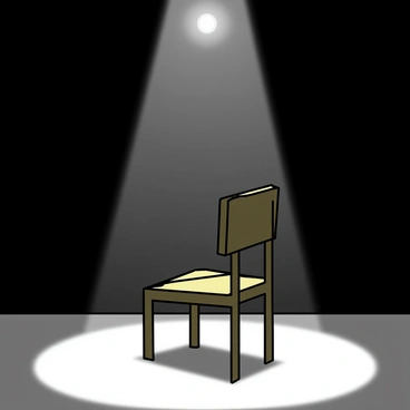 A minimalistic drawing of an empty room with dark walls and a smooth floor. In the center, there is a simple wooden chair with a straight backrest. A faint light source is positioned above, casting soft illumination around the chair, creating subtle shadows on the floor. The room has no other furniture or objects, emphasizing its emptiness.
