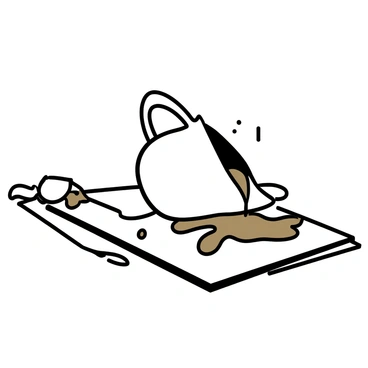 A white porcelain gravy boat, shaped elegantly with a curved spout, is tipped over at an angle. Rich brown gravy is pouring out of the spout, creating a thick stream that cascades onto a polished wooden dining table. The table surface reflects the glossy sheen of the gravy, making it appear slippery. Surrounding the boat, there are scattered droplets of gravy, contributing to the messy scene. A silver spoon, resting next to the gravy boat, is partially buried in the spilled gravy.