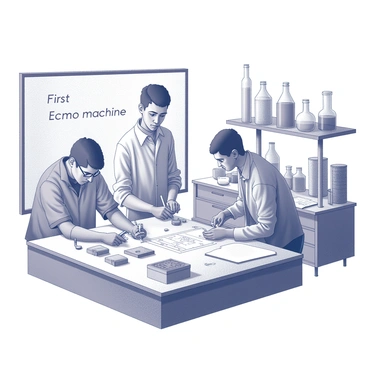 A creative depiction of the first ECMO machine being invented in a lab