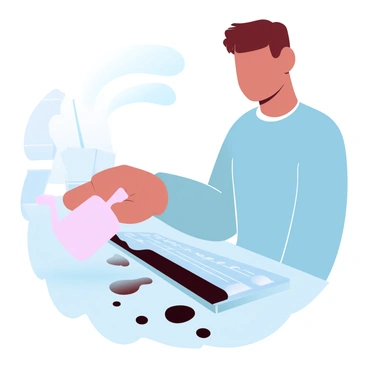 A person staring at a spilled coffee cup on a computer keyboard