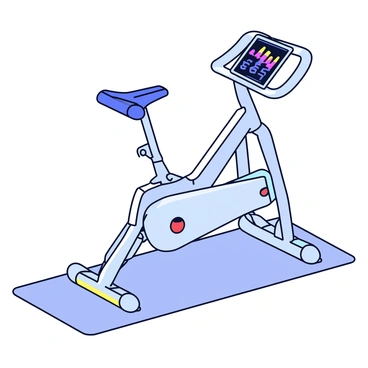 A futuristic spin bike with a sleek design and a shiny metallic frame. The bike features aerodynamic handlebars and a comfortable seat. It has multiple digital screens displaying workout metrics, with colorful graphs and numbers. Glowing elements are integrated into the bike's structure, emitting a soft blue light. The pedals are designed for easy use, and the bike is positioned on a minimalist floor surface.